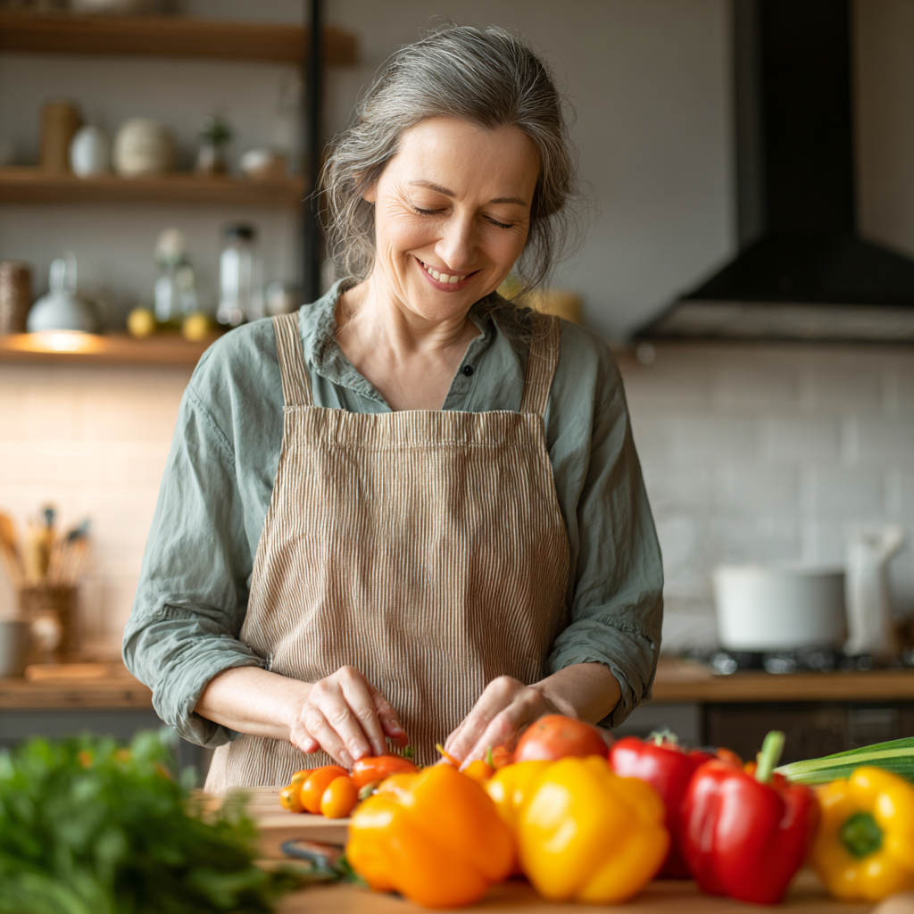 Smiling middle-aged Ukrainian woman preparing fresh vegetables in a modern kitchen, surrounded by colorful seasonal produce