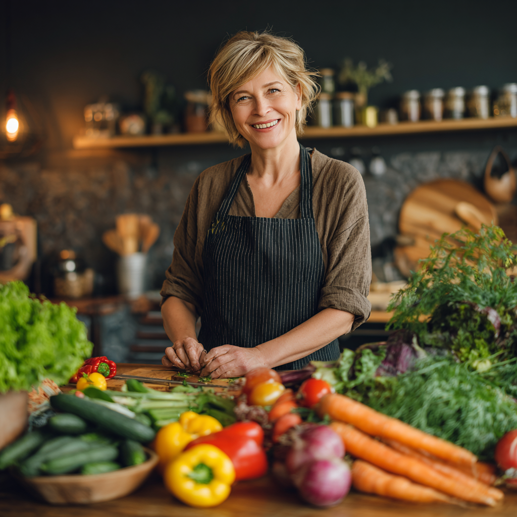 Elderly Ukrainian couple smiling while harvesting fresh vegetables and herbs in their home garden, showcasing seasonal produce