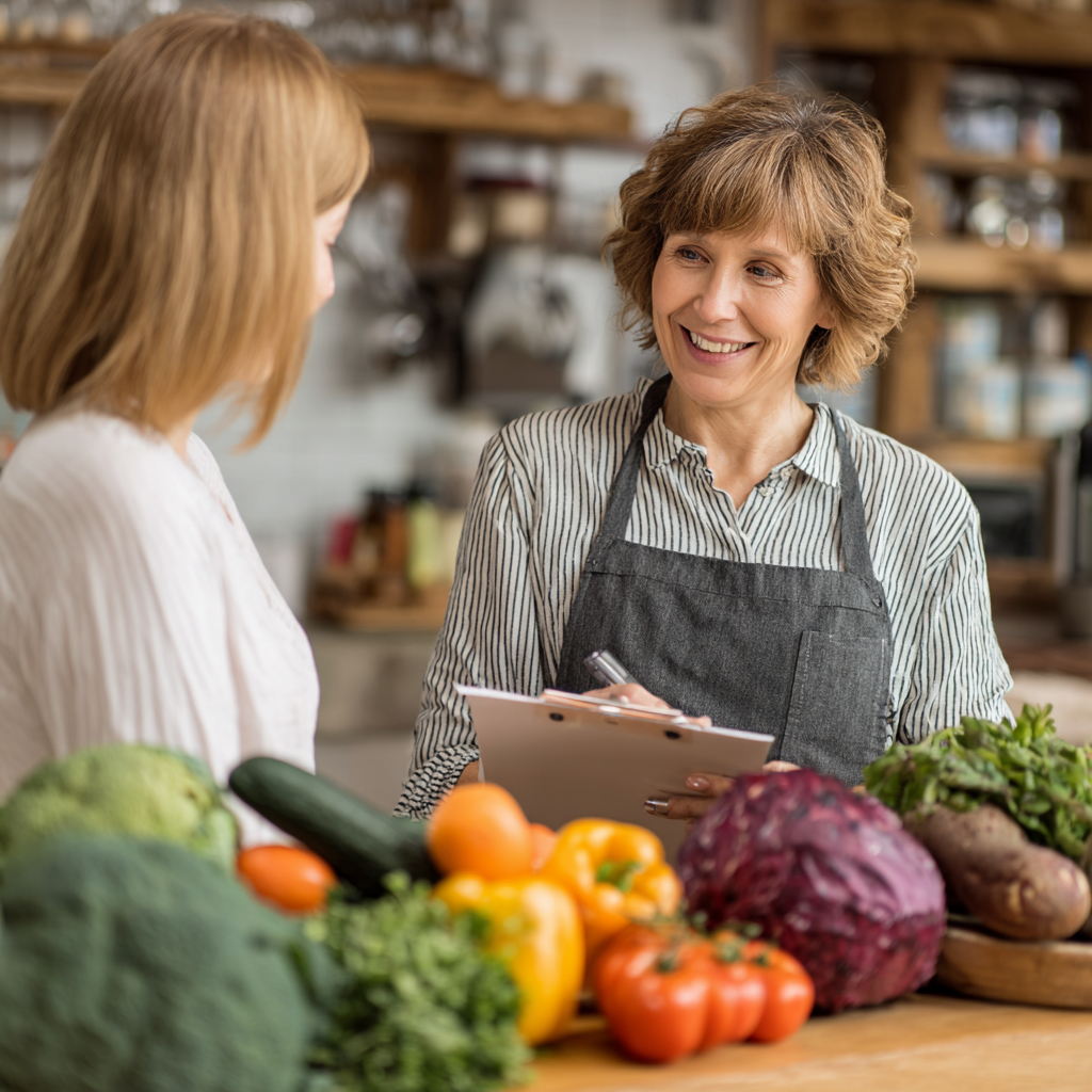 Smiling Ukrainian nutritionist in her 50s consulting with a client, showing healthy meal plans and fresh ingredients on a consultation table